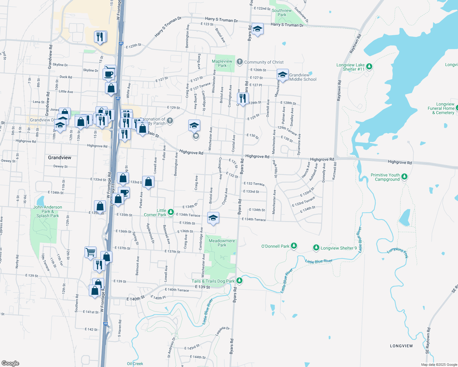 map of restaurants, bars, coffee shops, grocery stores, and more near 13207 Crystal Avenue in Grandview