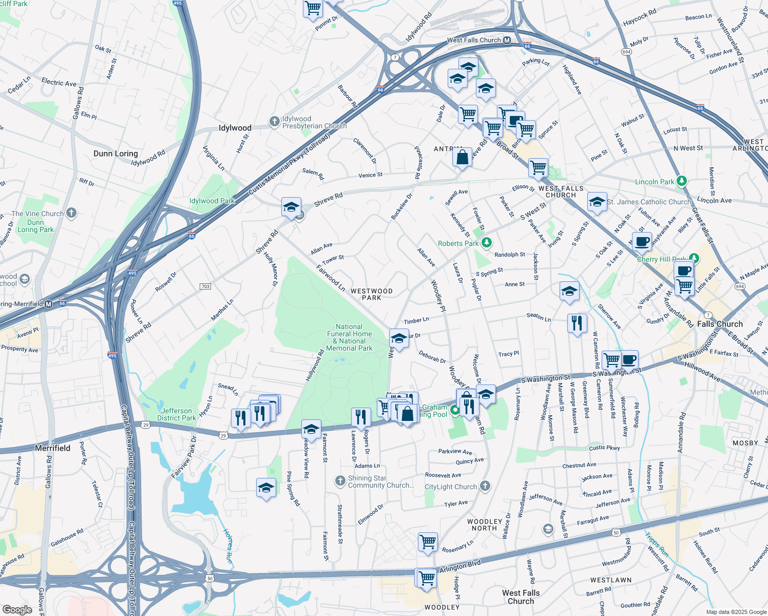 map of restaurants, bars, coffee shops, grocery stores, and more near 2642 Frey Court in Falls Church
