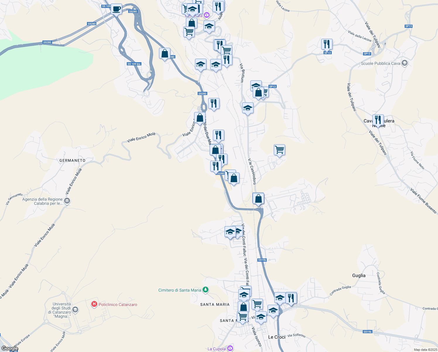 map of restaurants, bars, coffee shops, grocery stores, and more near 68 Viale Lucrezia della Valle in Catanzaro
