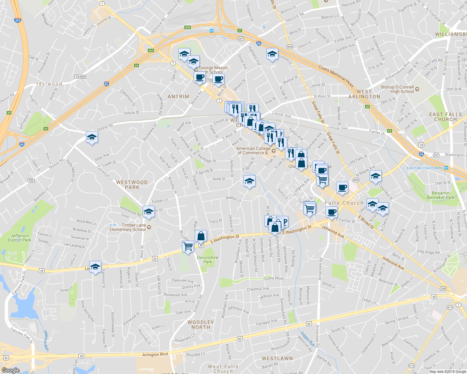 map of restaurants, bars, coffee shops, grocery stores, and more near 409 Timber Lane in Falls Church