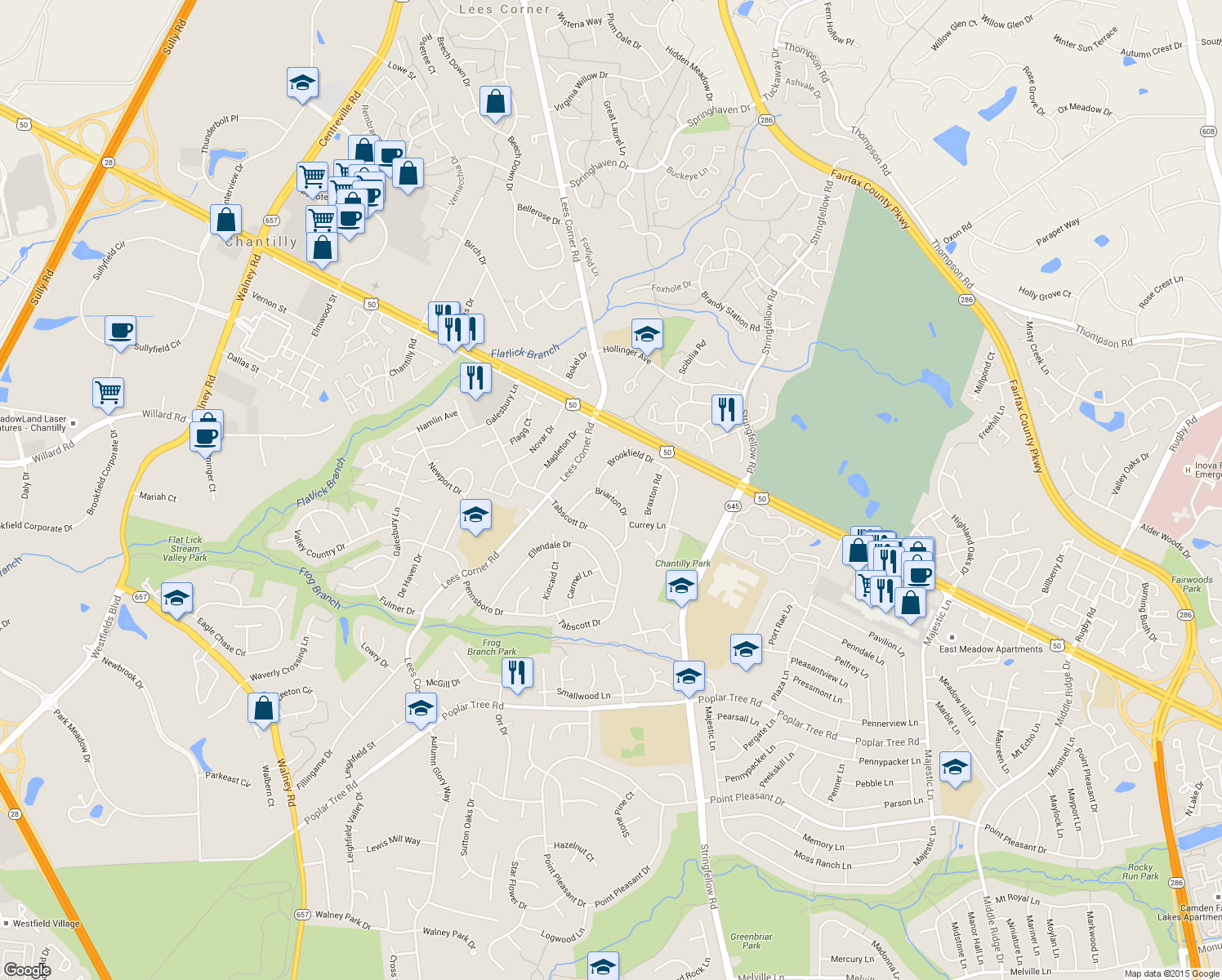 map of restaurants, bars, coffee shops, grocery stores, and more near 3998 Gumwood Court in Chantilly