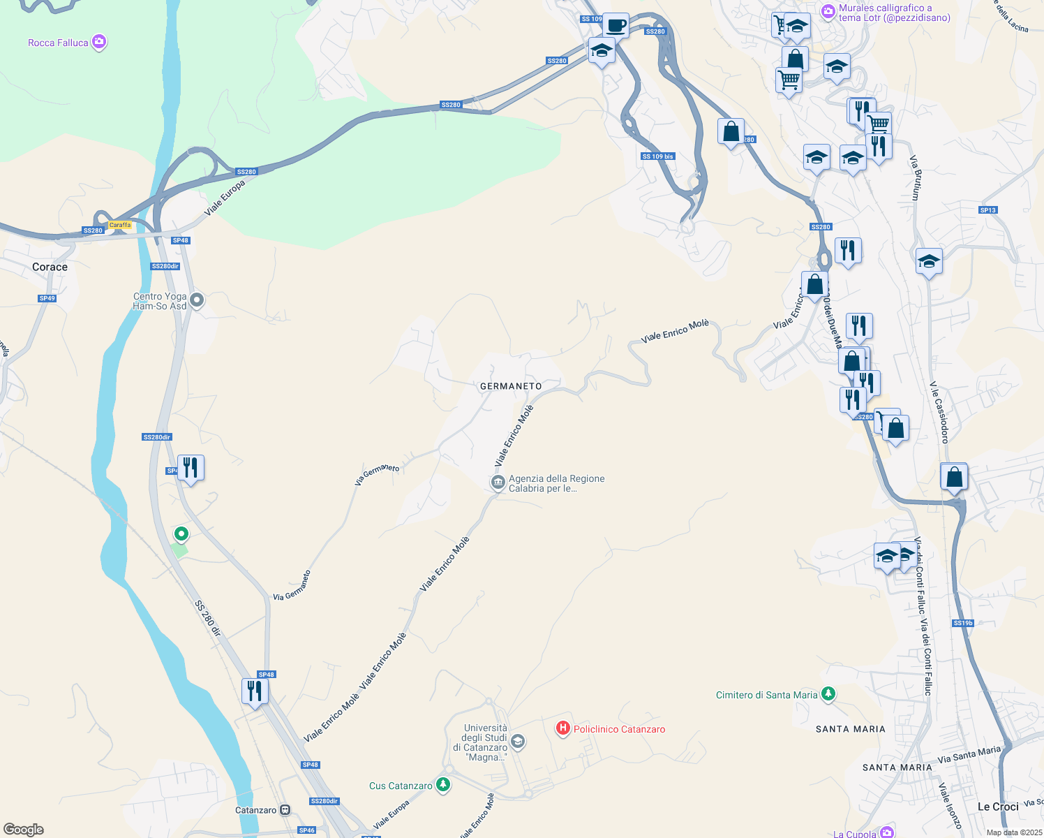 map of restaurants, bars, coffee shops, grocery stores, and more near 7 Viale Enrico Molè in Catanzaro