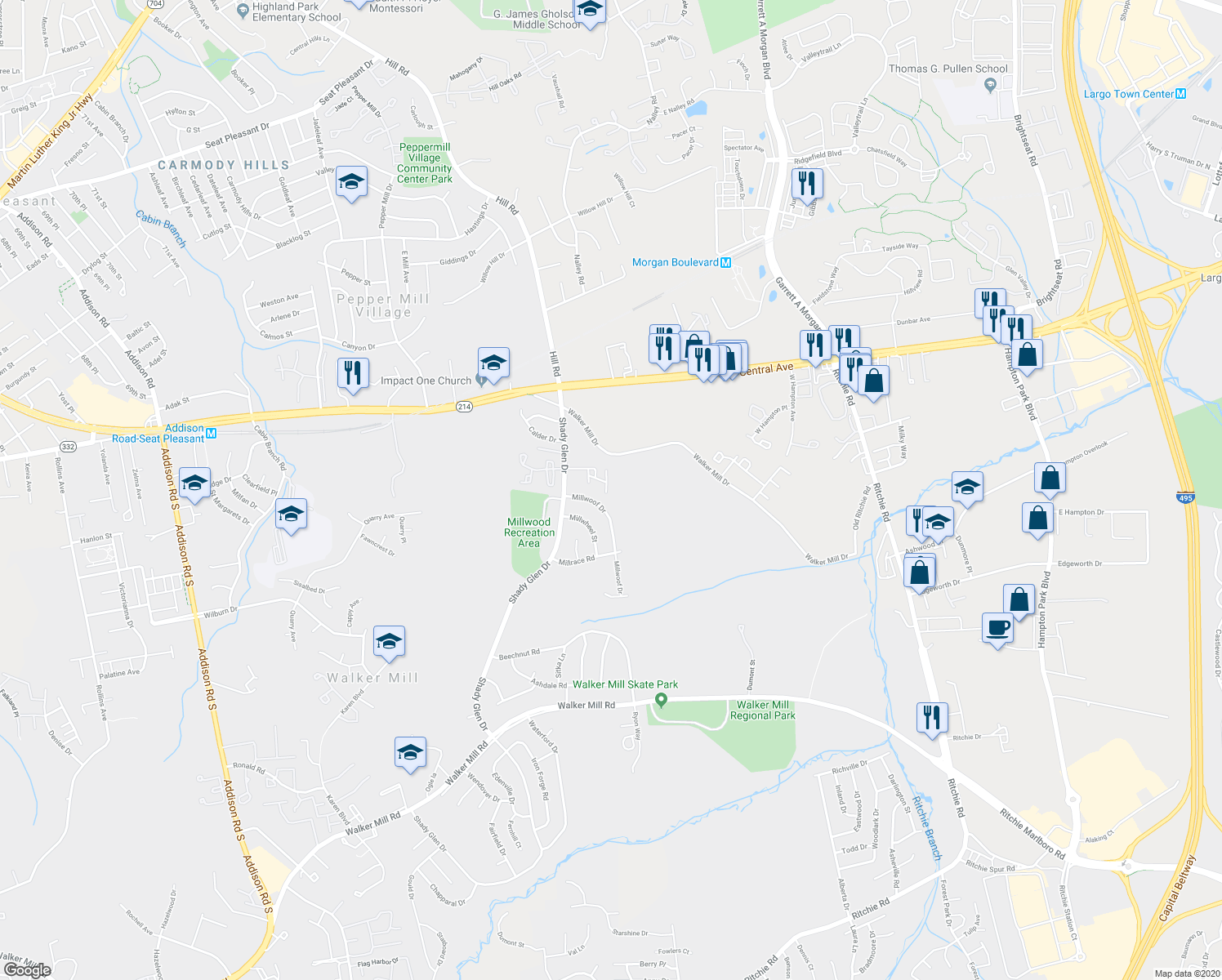 map of restaurants, bars, coffee shops, grocery stores, and more near 384 Shady Glen Drive in Capitol Heights
