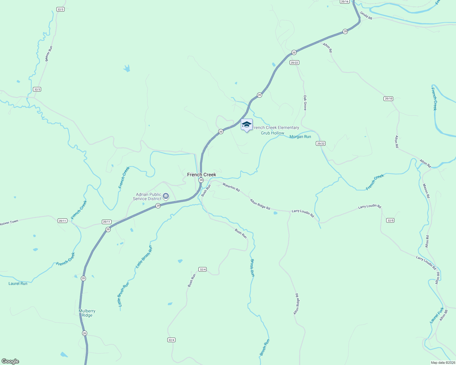 map of restaurants, bars, coffee shops, grocery stores, and more near 301-389 Waterloo Road in Buckhannon