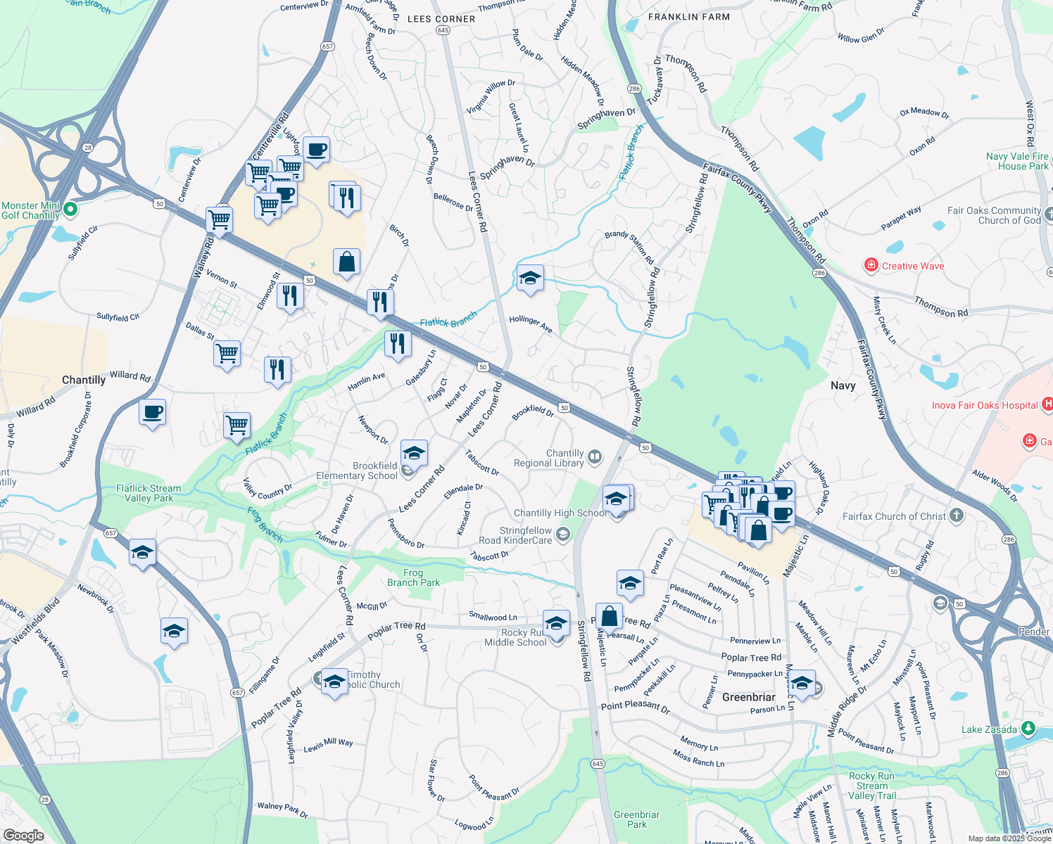 map of restaurants, bars, coffee shops, grocery stores, and more near 4056 Carbury Court in Chantilly