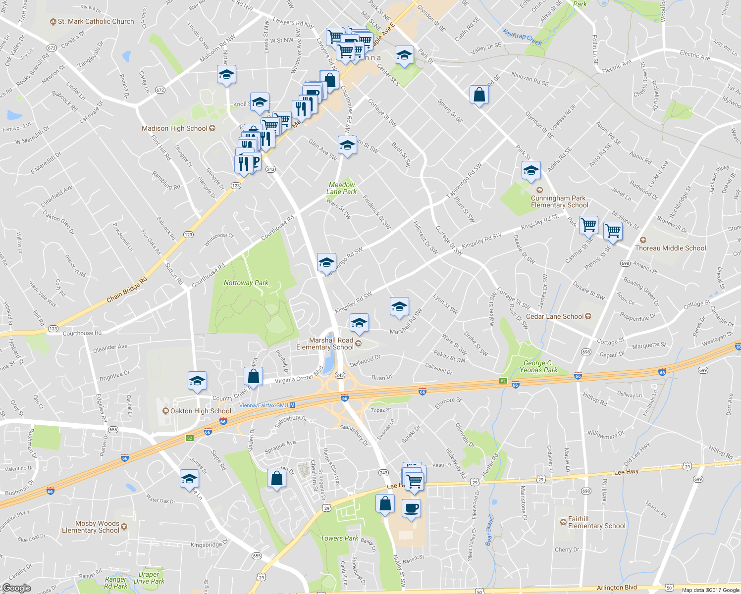 map of restaurants, bars, coffee shops, grocery stores, and more near 610 Kingsley Road Southwest in Vienna