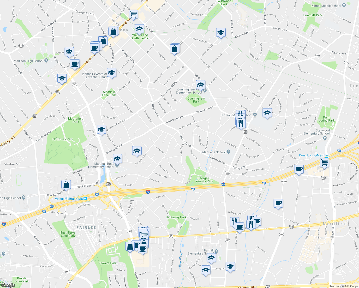 map of restaurants, bars, coffee shops, grocery stores, and more near 1112 Hillcrest Drive Southwest in Vienna