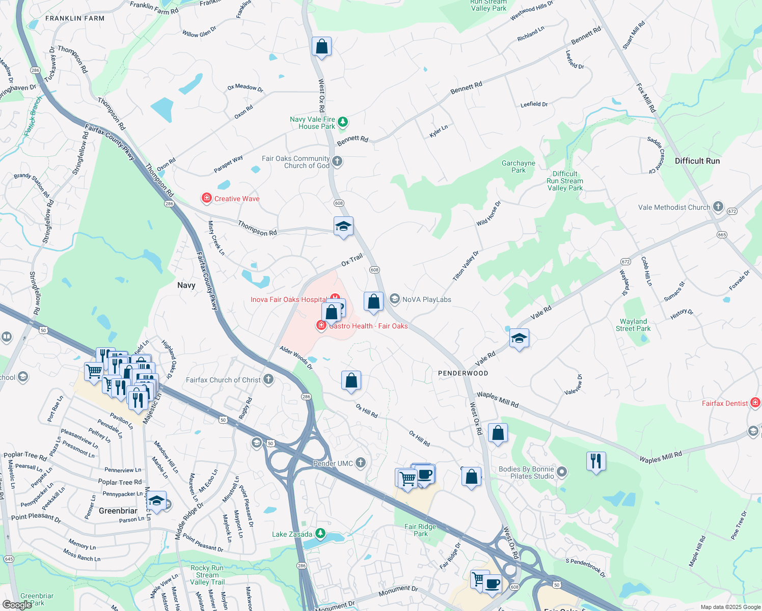 map of restaurants, bars, coffee shops, grocery stores, and more near 3617 Rocky Meadow Court in Fairfax