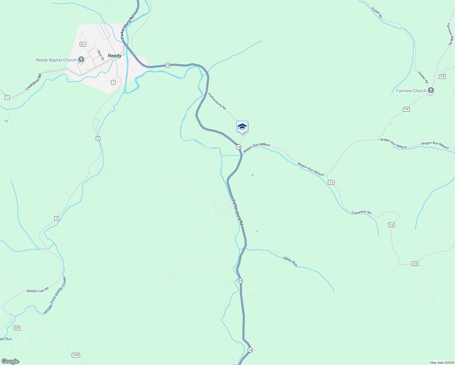 map of restaurants, bars, coffee shops, grocery stores, and more near Parkersburg Rd in Reedy