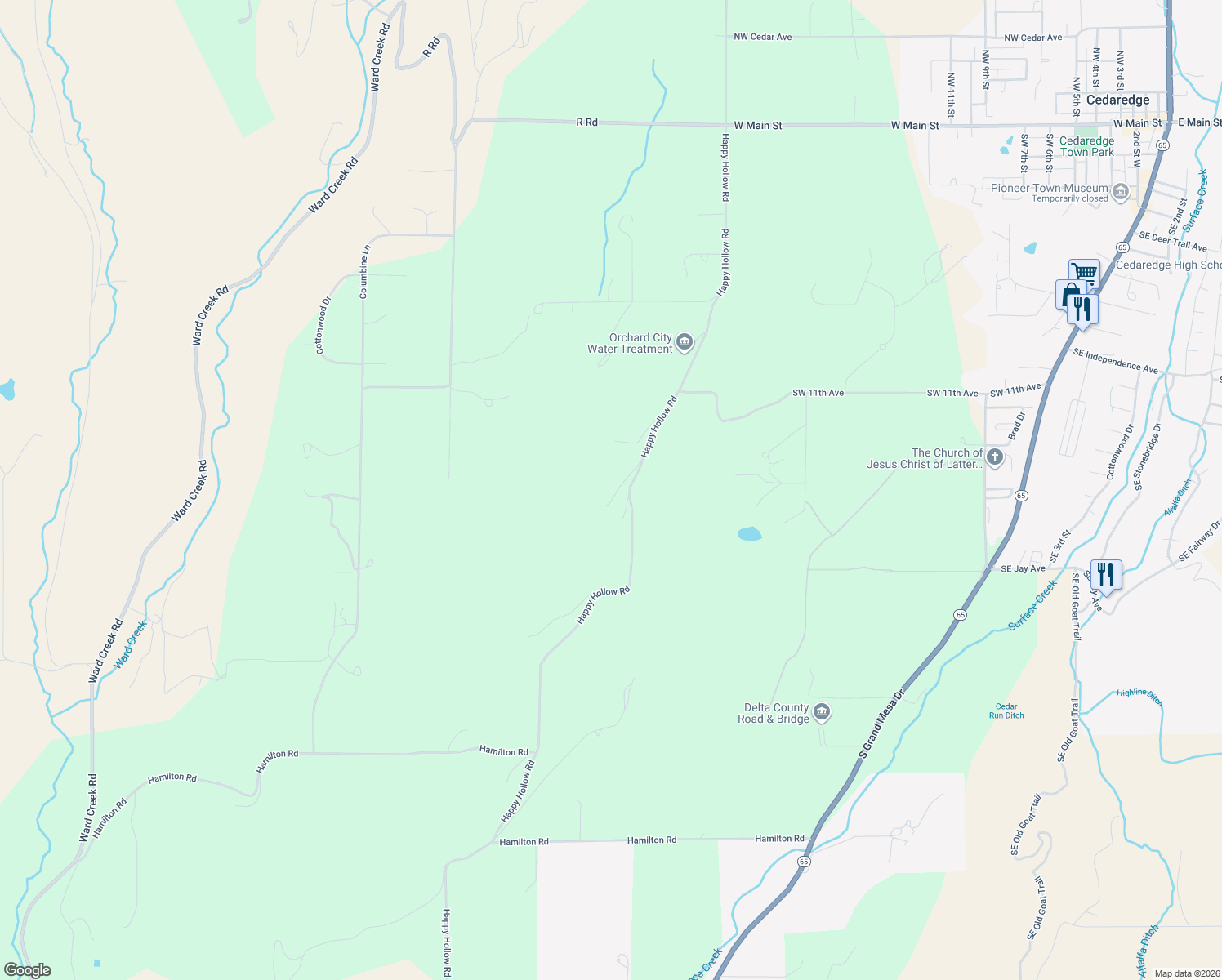 map of restaurants, bars, coffee shops, grocery stores, and more near 16075 Happy Hollow Road in Cedaredge