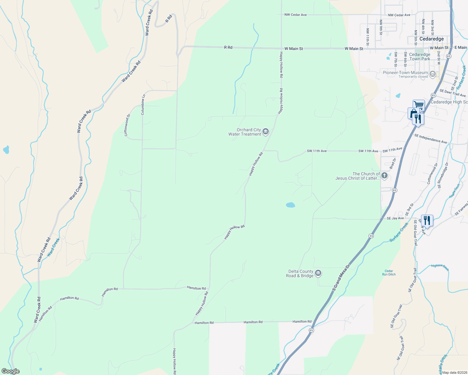 map of restaurants, bars, coffee shops, grocery stores, and more near 16075 Happy Hollow Road in Cedaredge