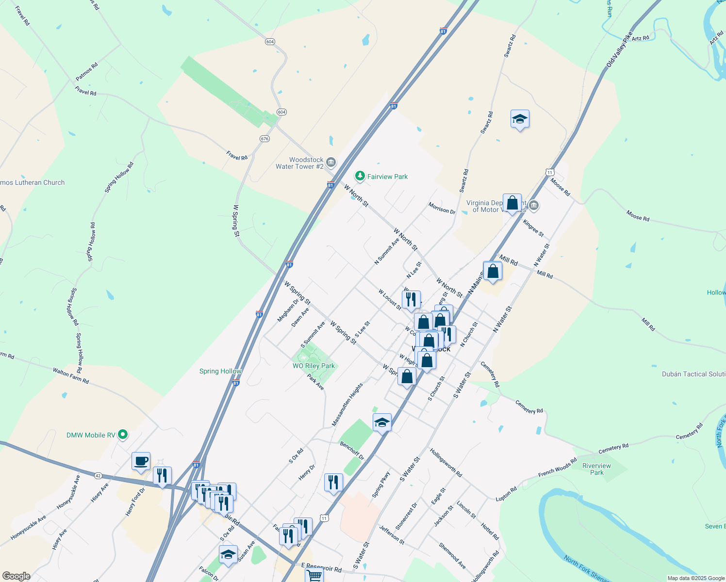 map of restaurants, bars, coffee shops, grocery stores, and more near 520 West Court Street in Woodstock