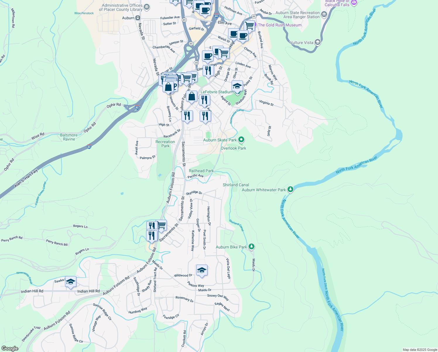 map of restaurants, bars, coffee shops, grocery stores, and more near 170 Portland Avenue in Auburn