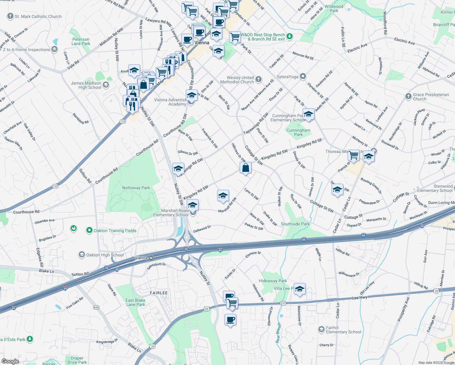 map of restaurants, bars, coffee shops, grocery stores, and more near 1012 Mountfort Court Southwest in Vienna
