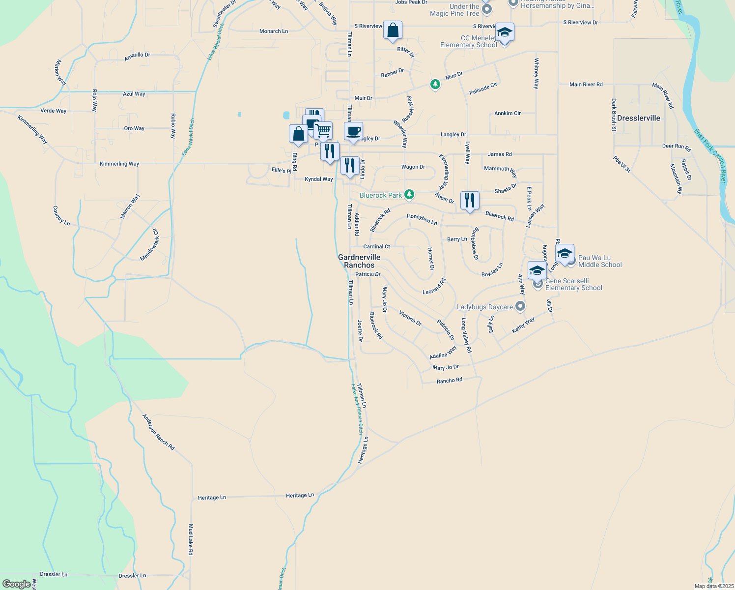 map of restaurants, bars, coffee shops, grocery stores, and more near 670 Bluerock Rd in Gardnerville