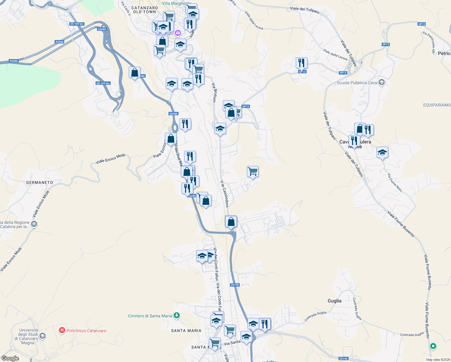 map of restaurants, bars, coffee shops, grocery stores, and more near 3 Via dei Conti Ruffo in Catanzaro
