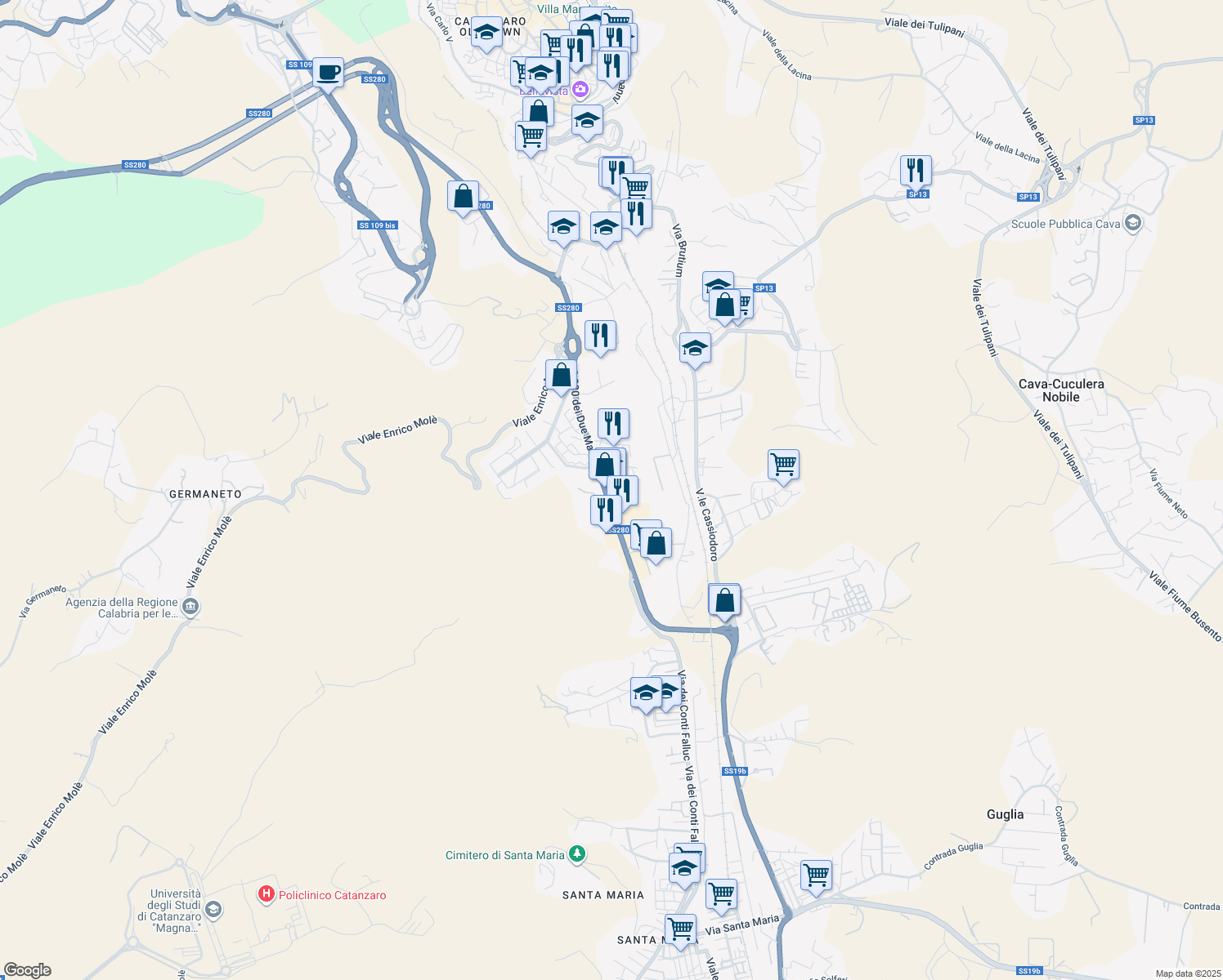 map of restaurants, bars, coffee shops, grocery stores, and more near 68 Viale Lucrezia della Valle in Catanzaro