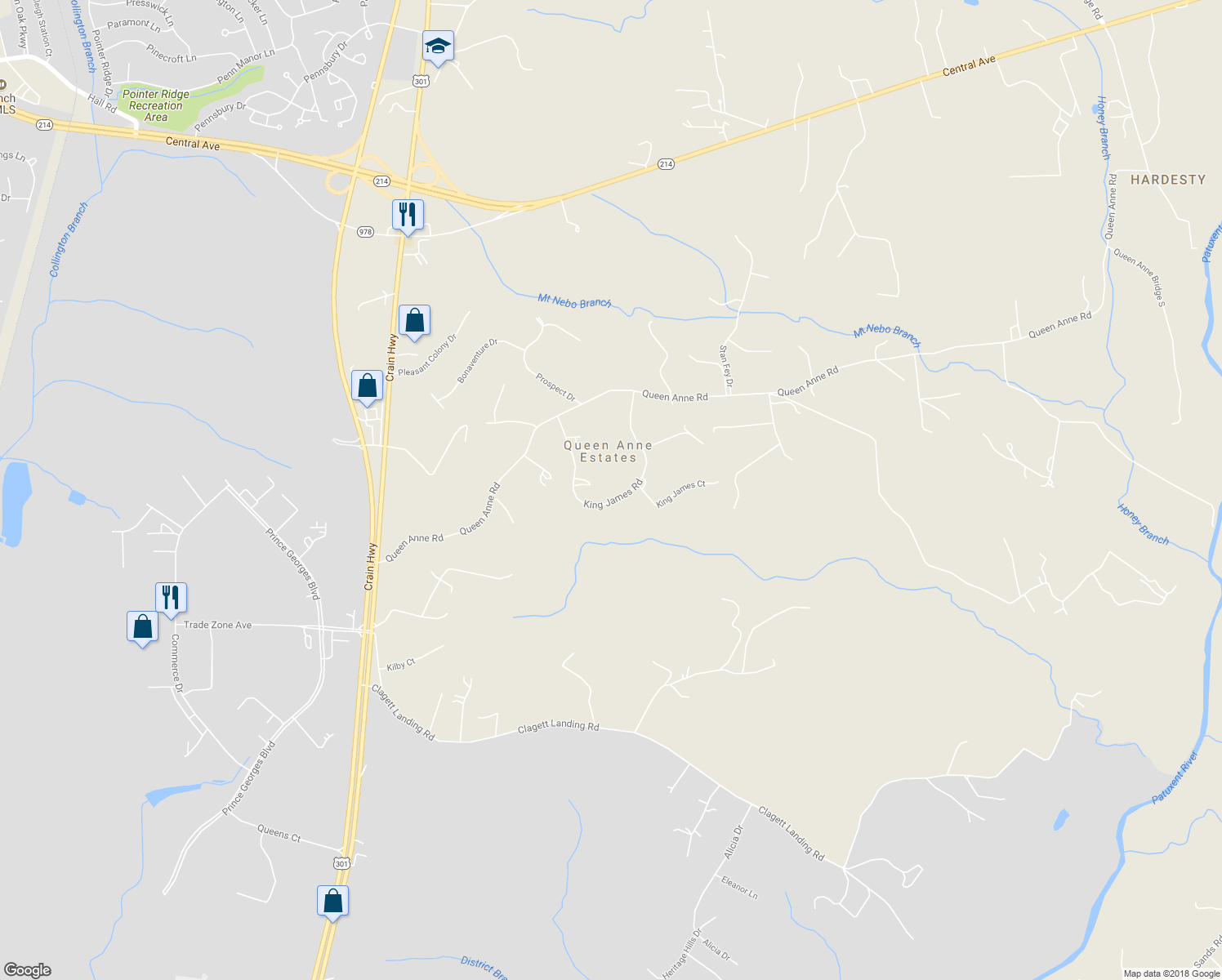map of restaurants, bars, coffee shops, grocery stores, and more near 214 King James Road in Upper Marlboro