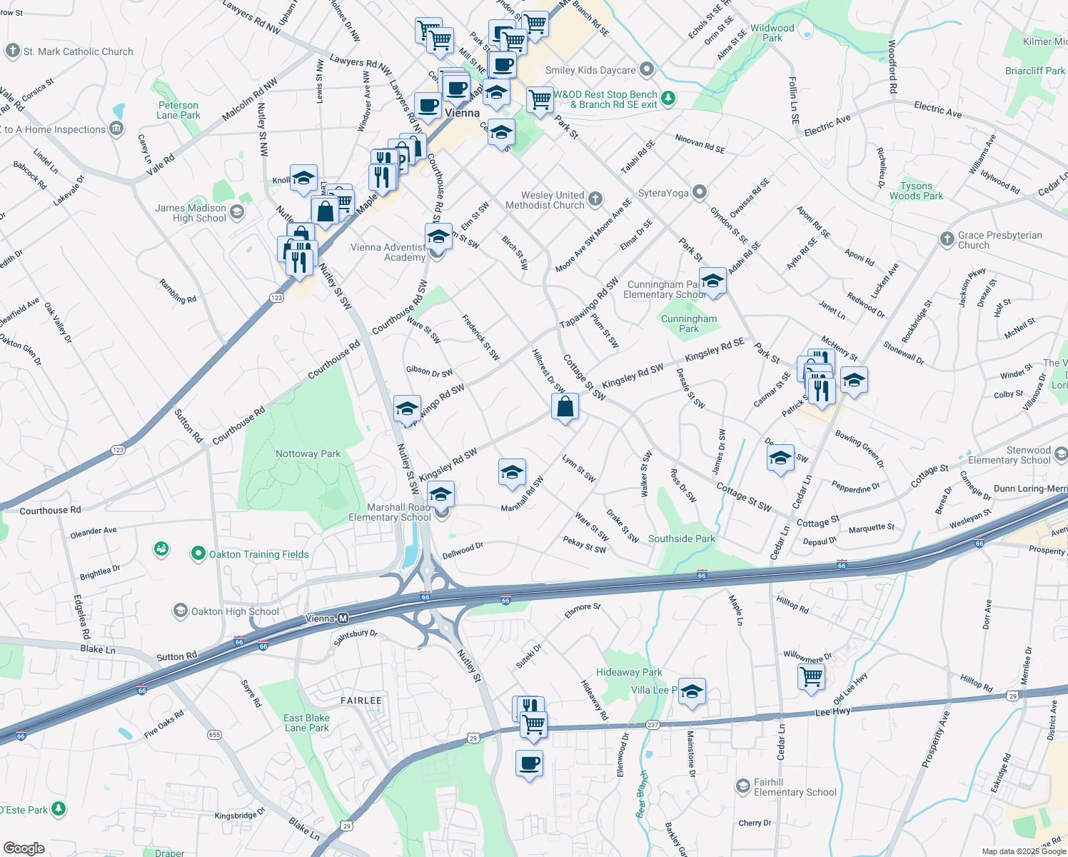 map of restaurants, bars, coffee shops, grocery stores, and more near 506 Kingsley Road Southwest in Vienna