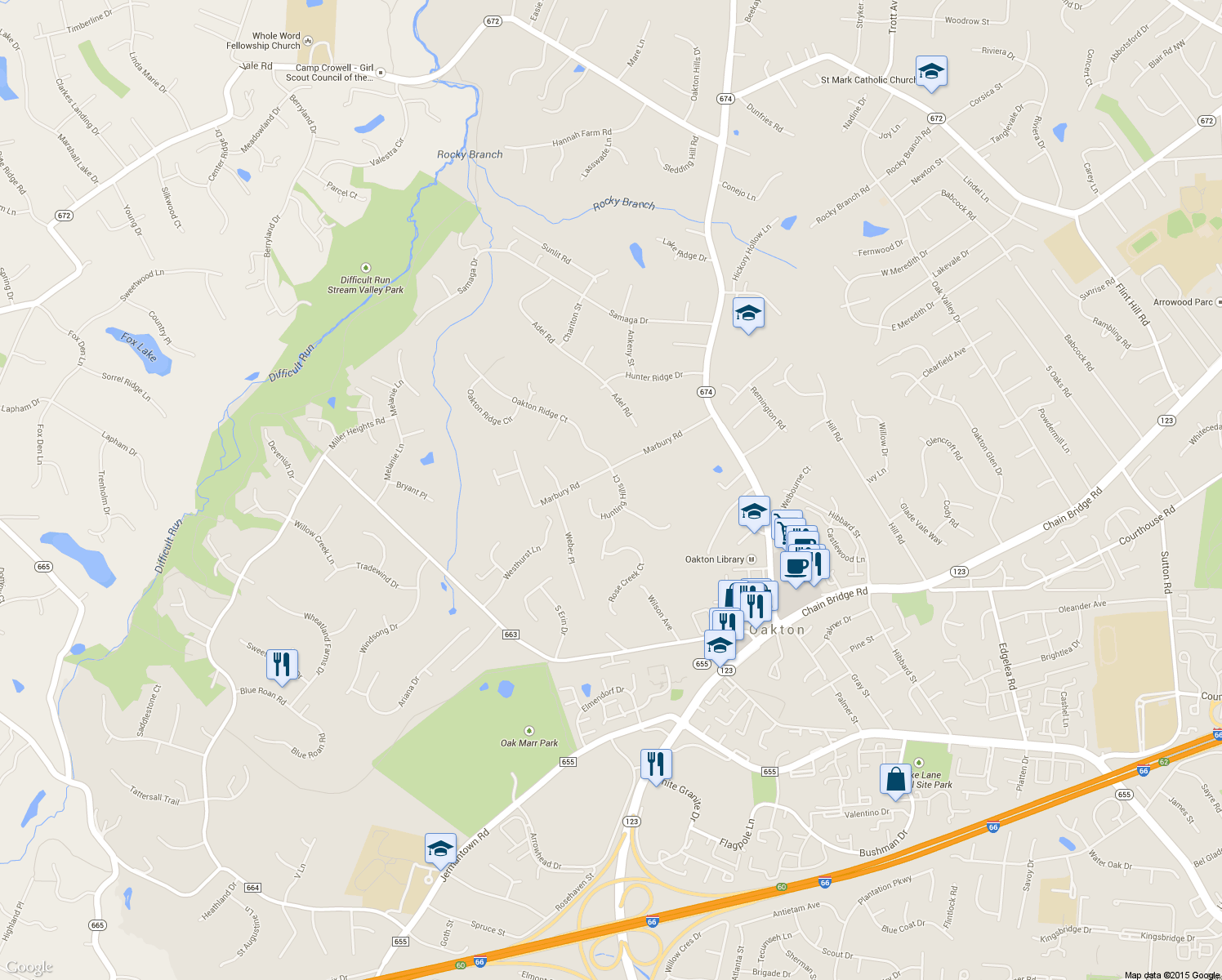 map of restaurants, bars, coffee shops, grocery stores, and more near 2902 Hunting Hills Court in Oakton