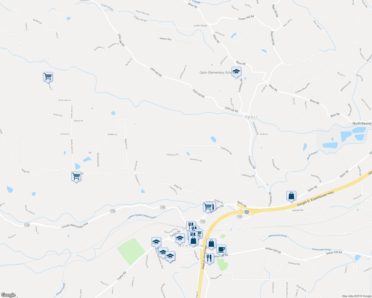 map of restaurants, bars, coffee shops, grocery stores, and more near 9180 Hathaway Road in Newcastle