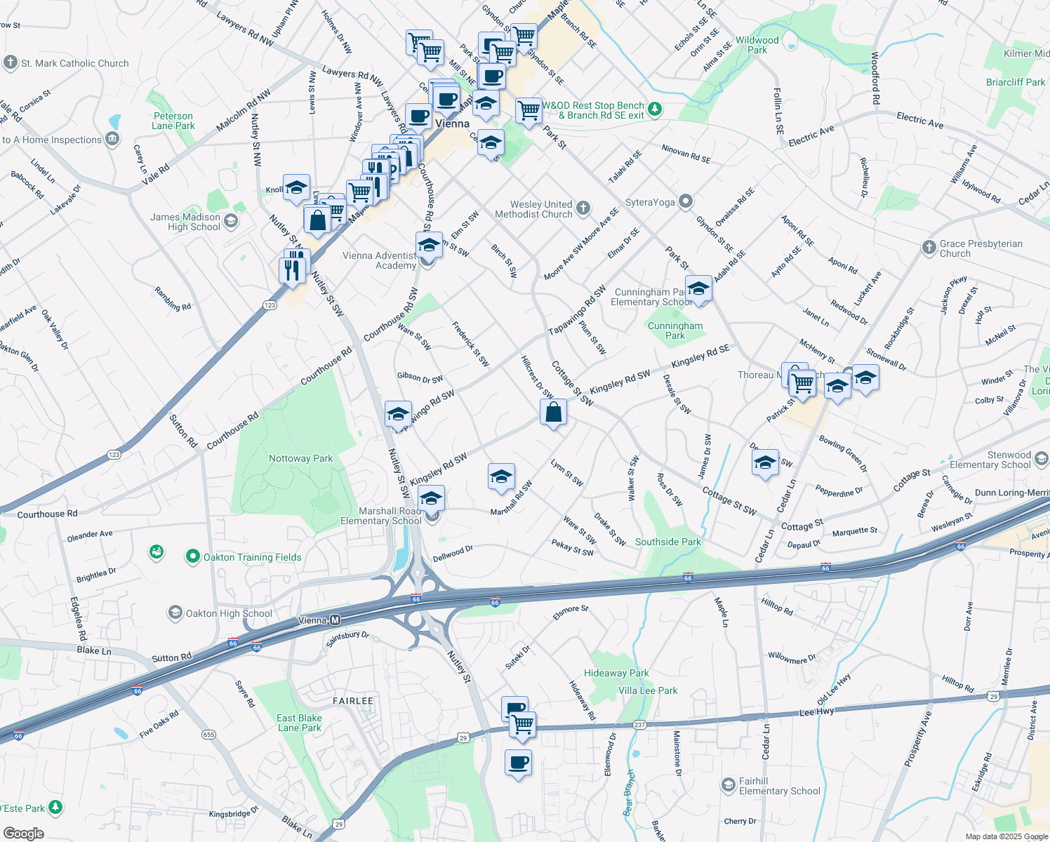 map of restaurants, bars, coffee shops, grocery stores, and more near 503 Kingsley Road Southwest in Vienna