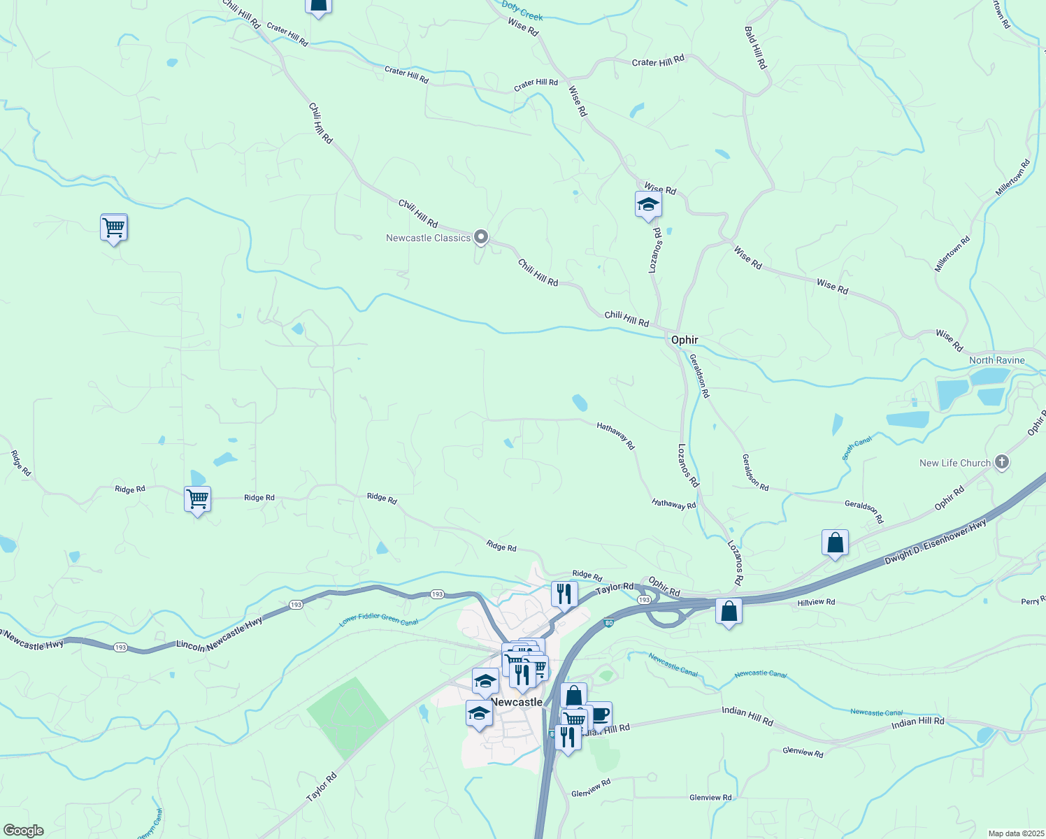 map of restaurants, bars, coffee shops, grocery stores, and more near 9180 Hathaway Road in Newcastle