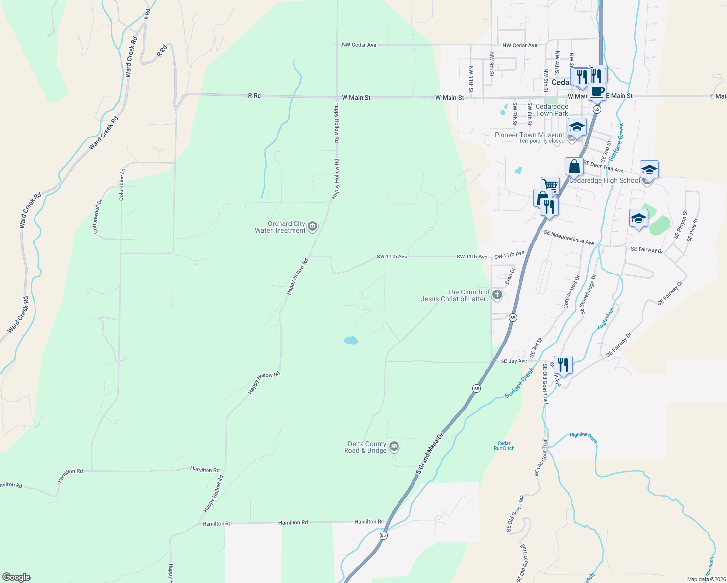 map of restaurants, bars, coffee shops, grocery stores, and more near 1598 SW Painted Fork Rd in Cedaredge