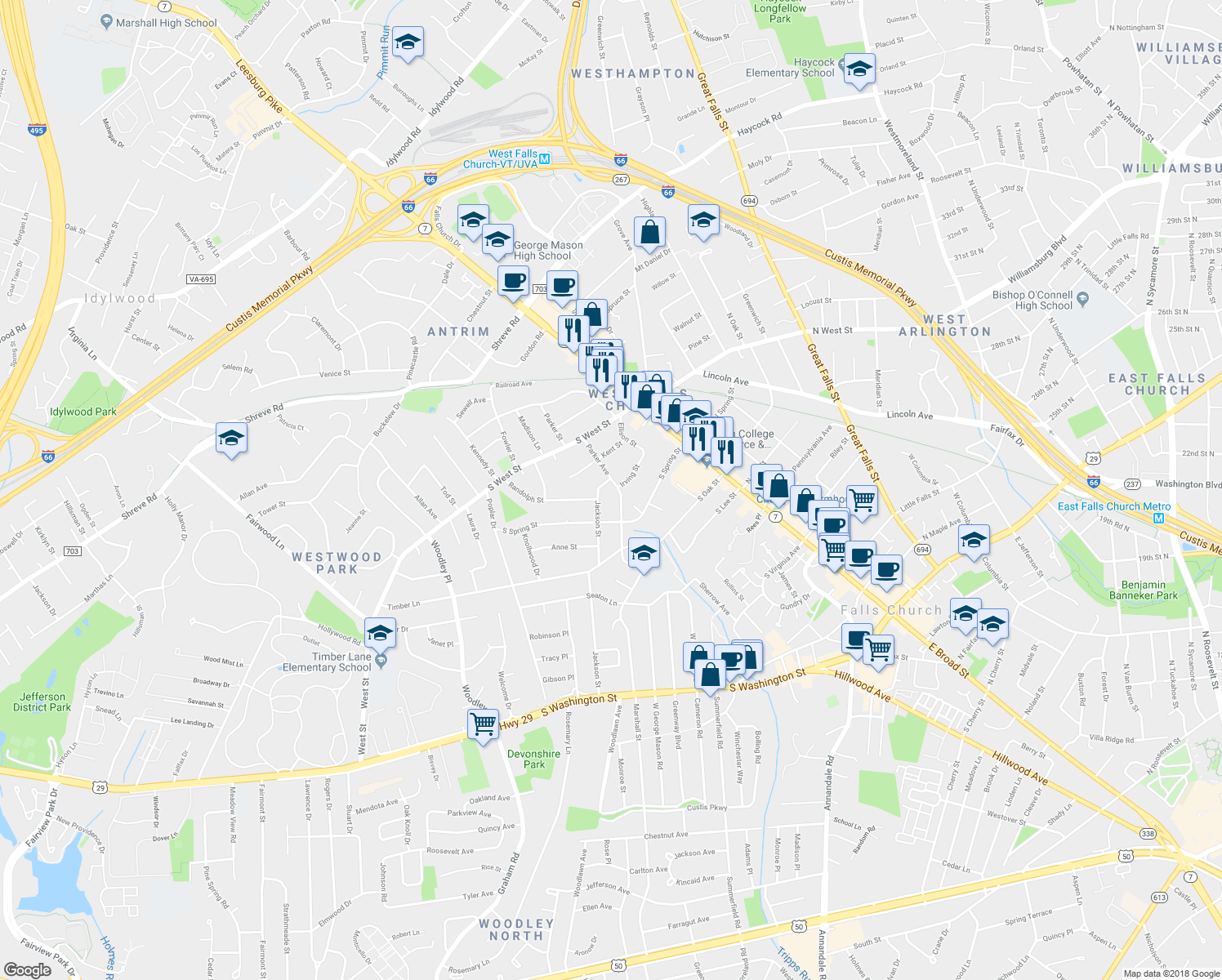 map of restaurants, bars, coffee shops, grocery stores, and more near 713 Parker Avenue in Falls Church