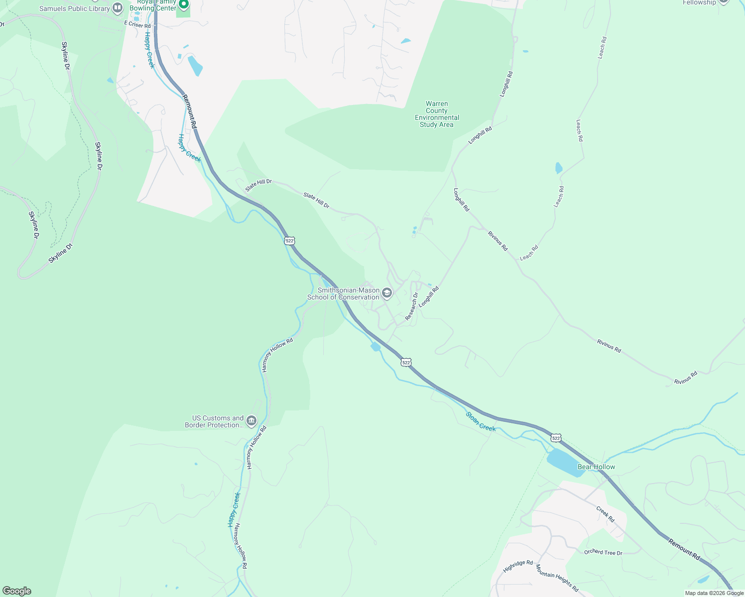 map of restaurants, bars, coffee shops, grocery stores, and more near Farm Road in Front Royal