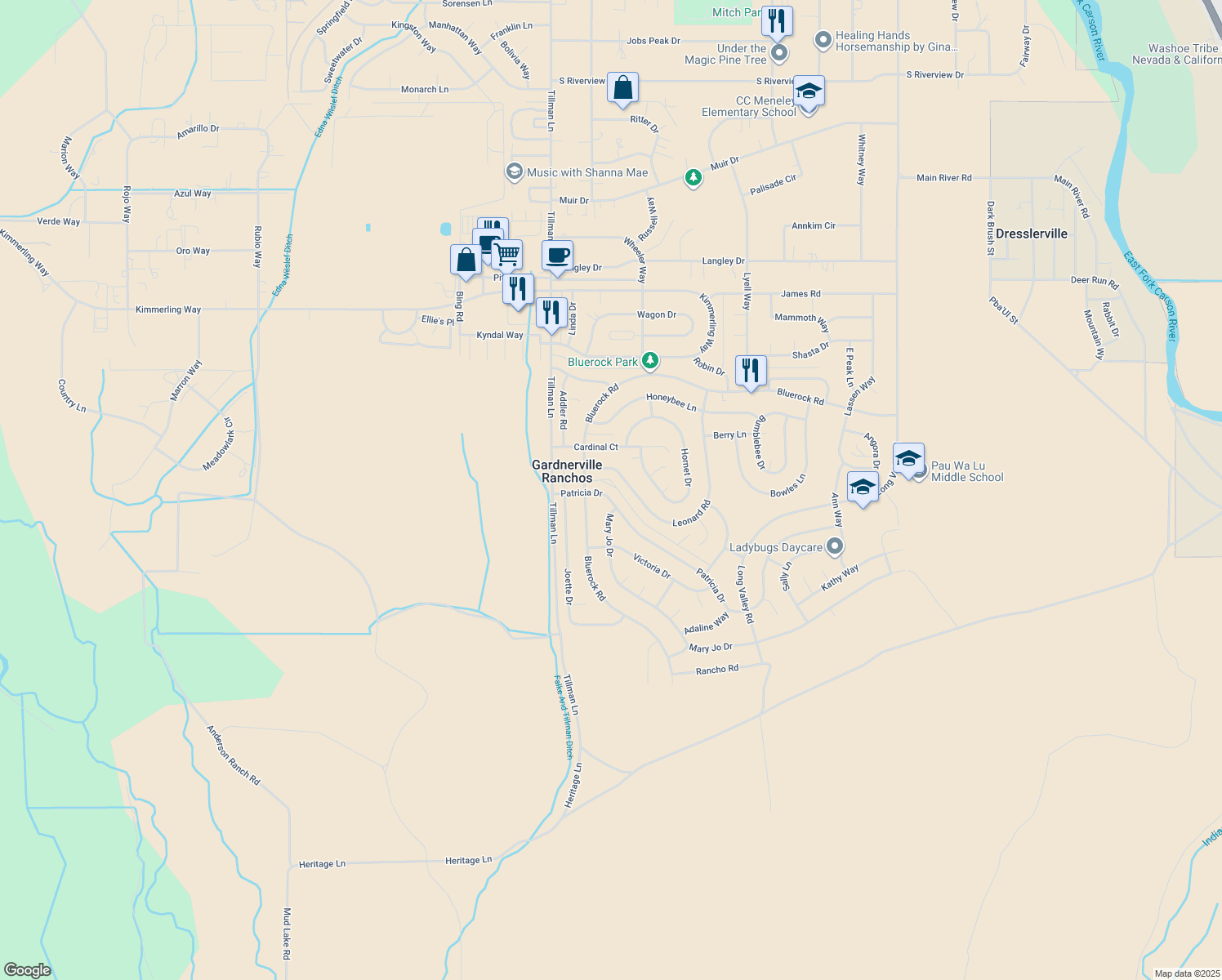 map of restaurants, bars, coffee shops, grocery stores, and more near 1320 Patricia Way in Gardnerville