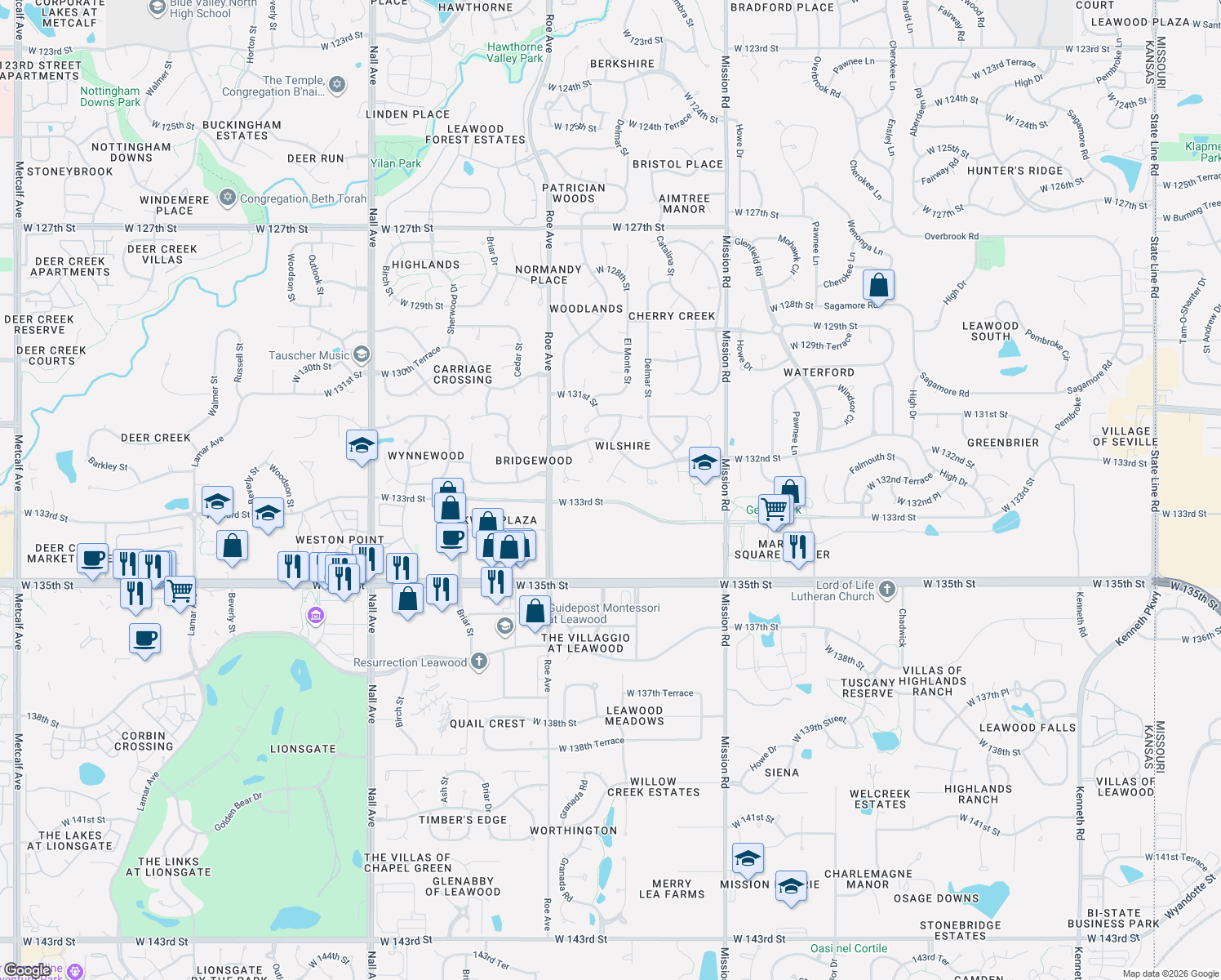 map of restaurants, bars, coffee shops, grocery stores, and more near 13213 El Monte Street in Leawood