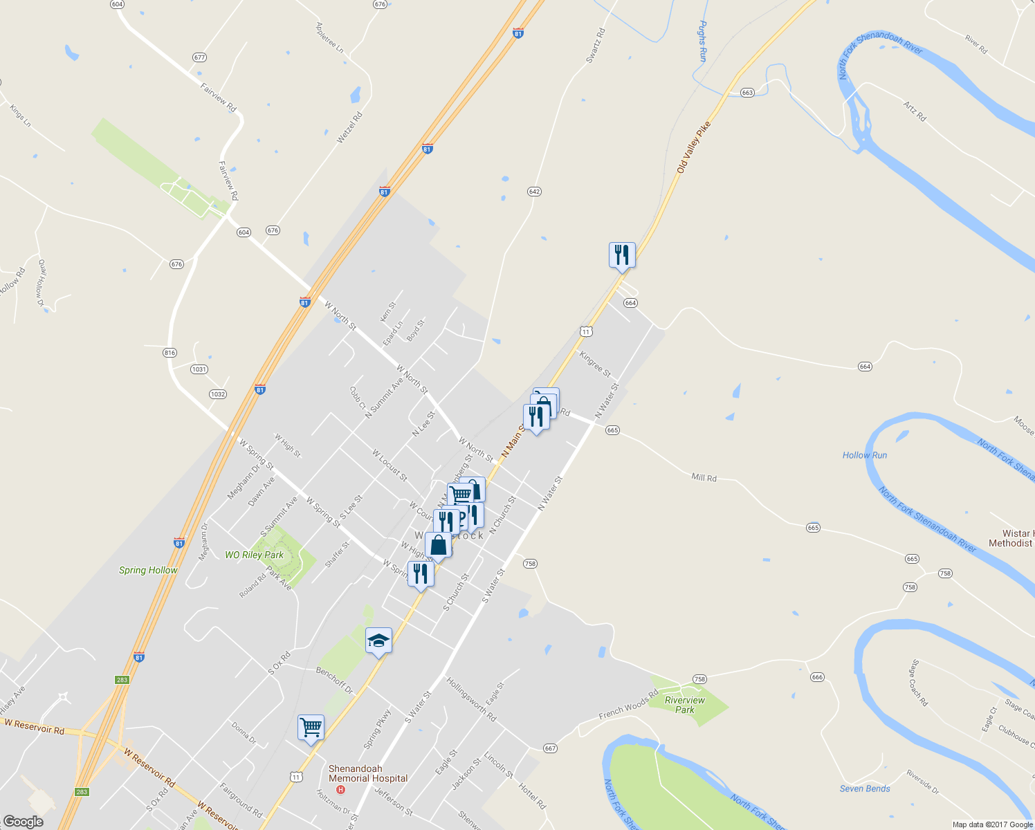 map of restaurants, bars, coffee shops, grocery stores, and more near 487 North Main Street in Woodstock