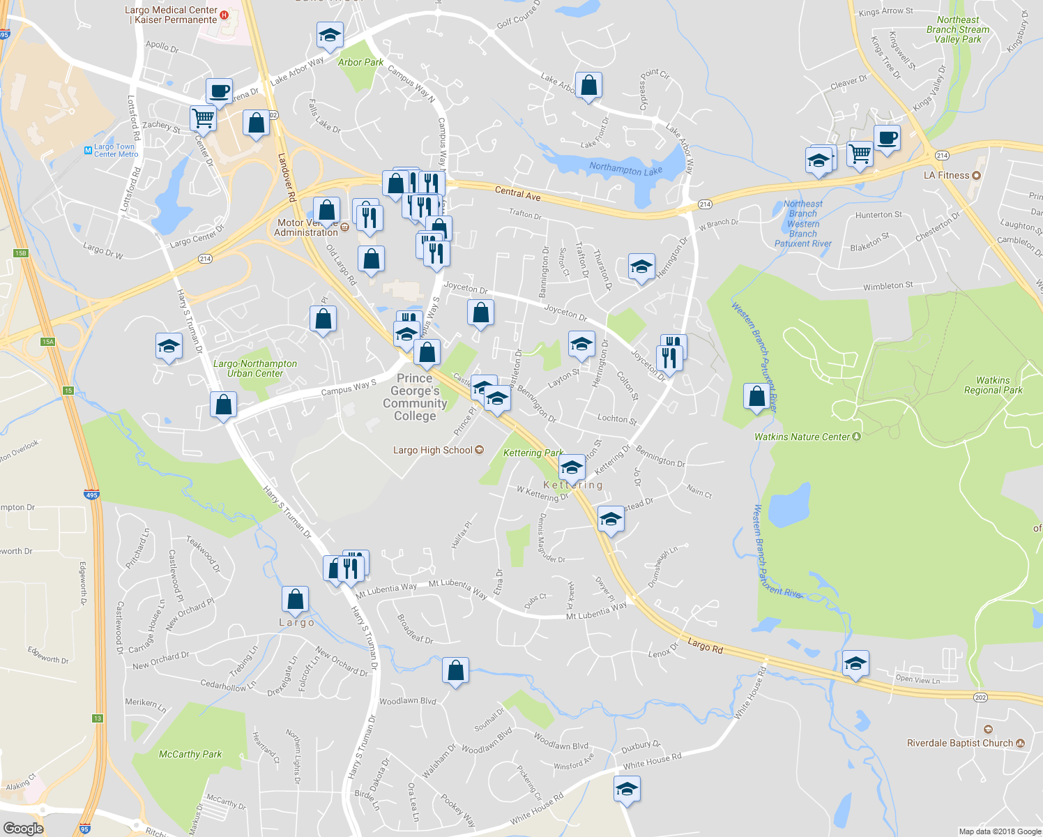 map of restaurants, bars, coffee shops, grocery stores, and more near 10907 Exeter Court in Upper Marlboro