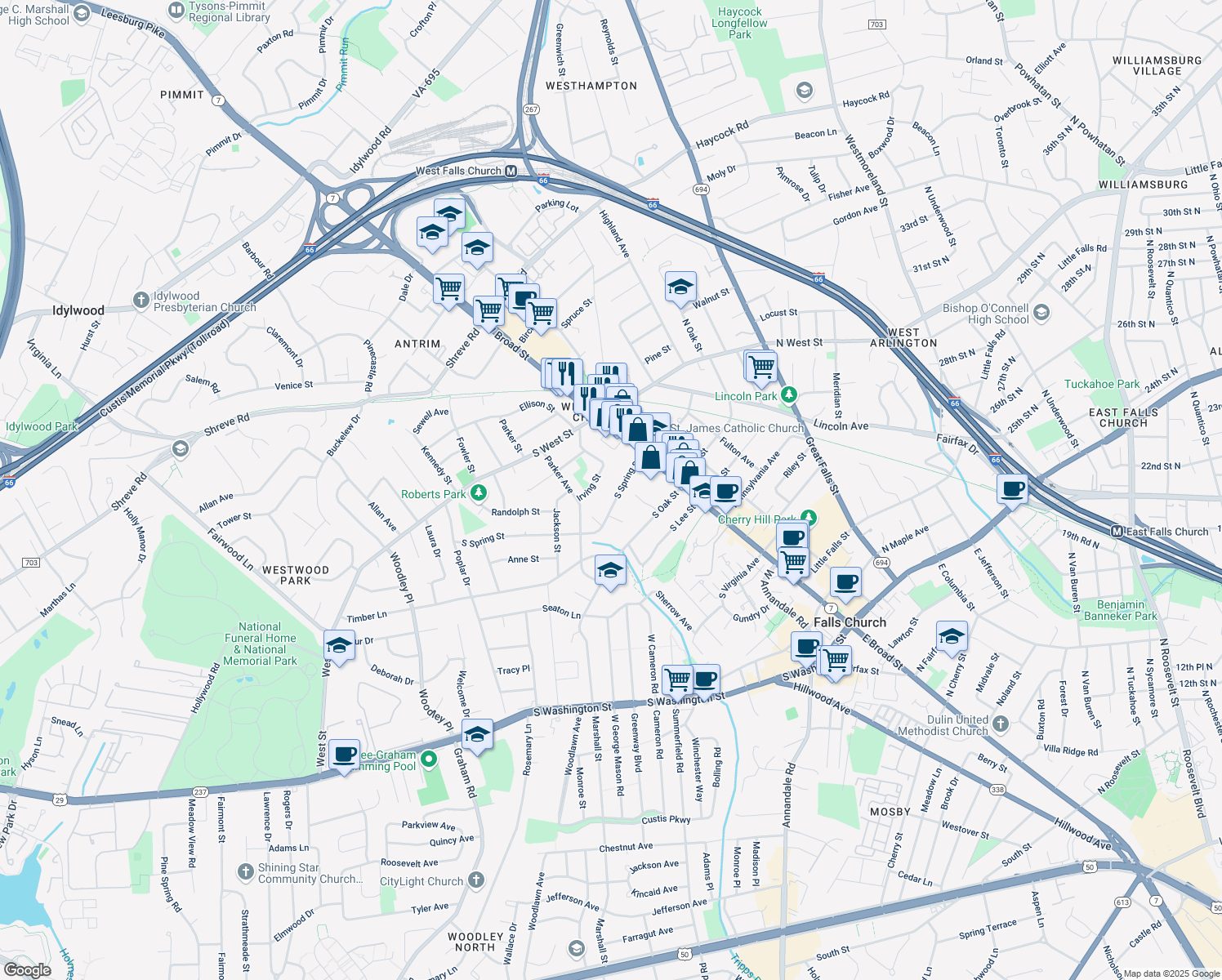 map of restaurants, bars, coffee shops, grocery stores, and more near 120 South Spring Street in Falls Church