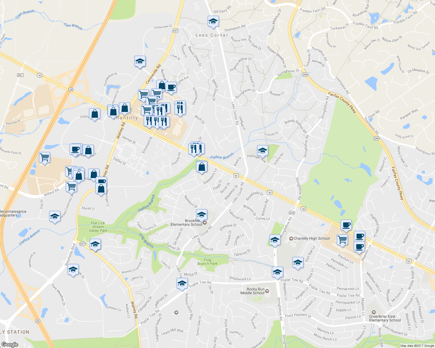 map of restaurants, bars, coffee shops, grocery stores, and more near 3030 Virginia Dare Court in Chantilly
