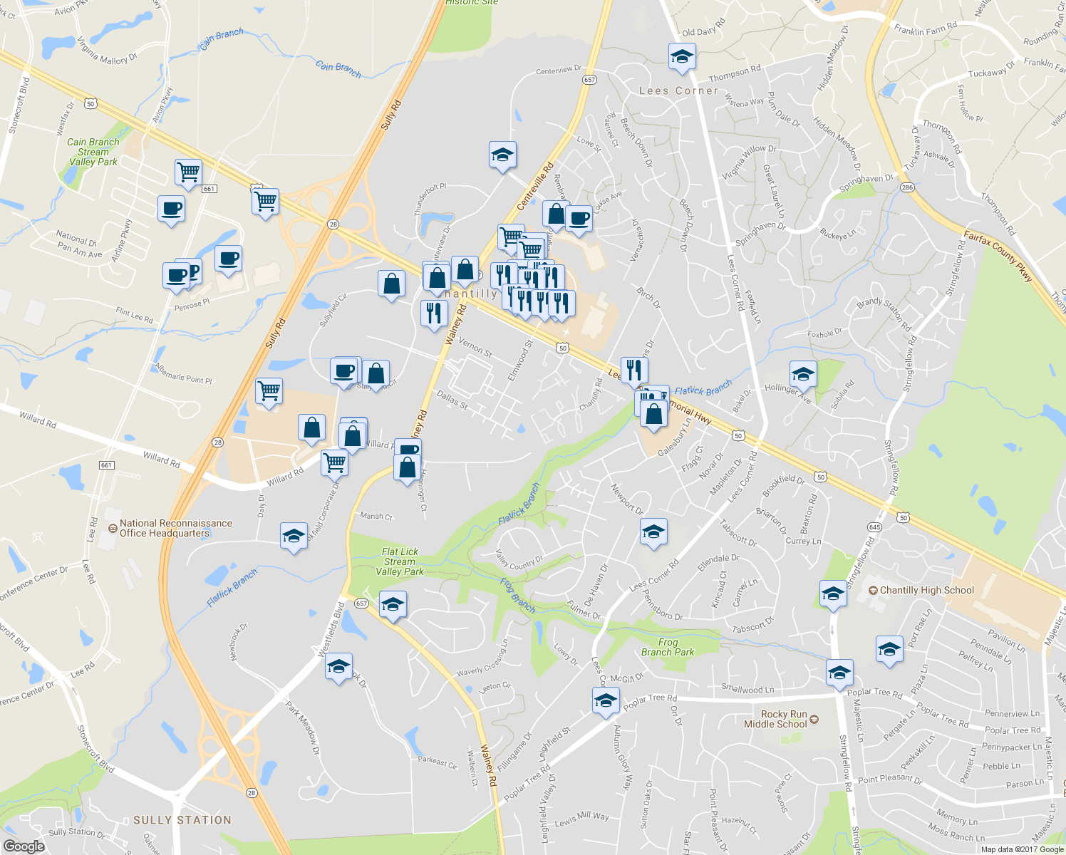 map of restaurants, bars, coffee shops, grocery stores, and more near 4180 Pleasant Meadow Court in Chantilly
