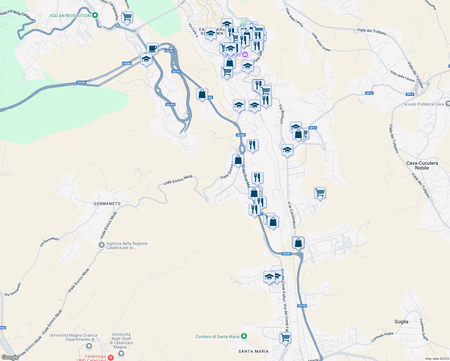 map of restaurants, bars, coffee shops, grocery stores, and more near Via Monsignor Armando Fares in Catanzaro