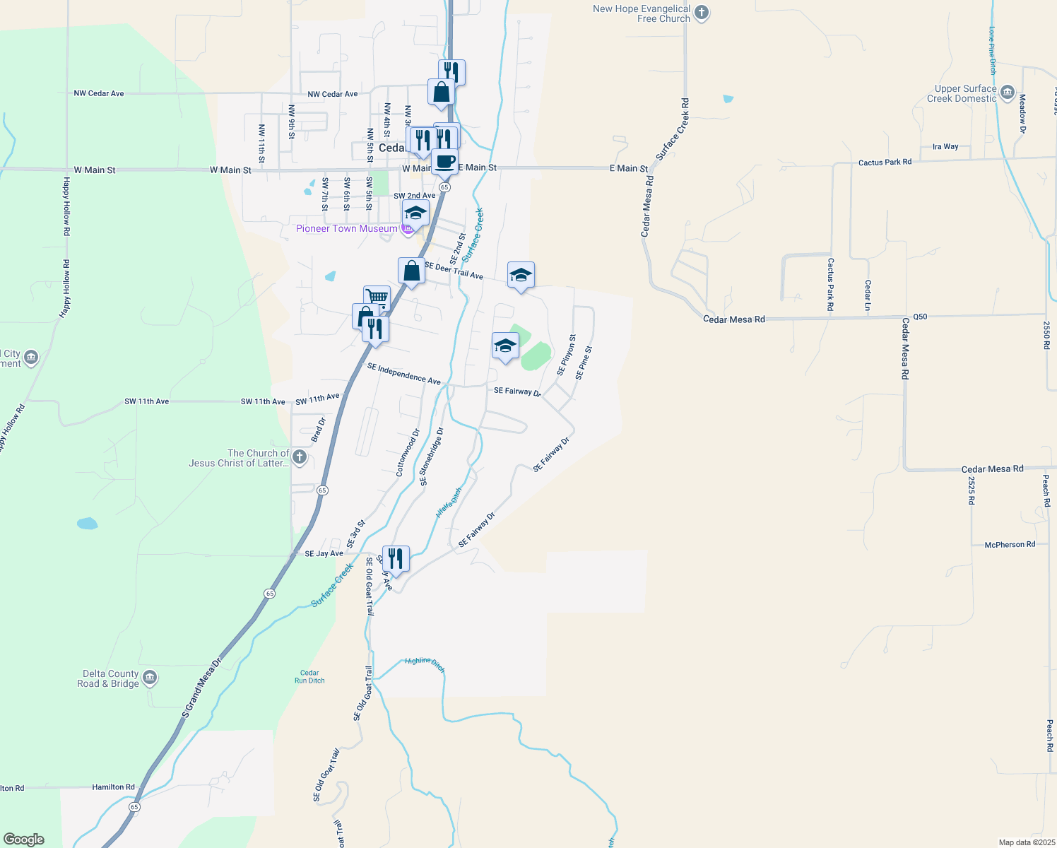 map of restaurants, bars, coffee shops, grocery stores, and more near 452 SE Birdie Cir in Cedaredge