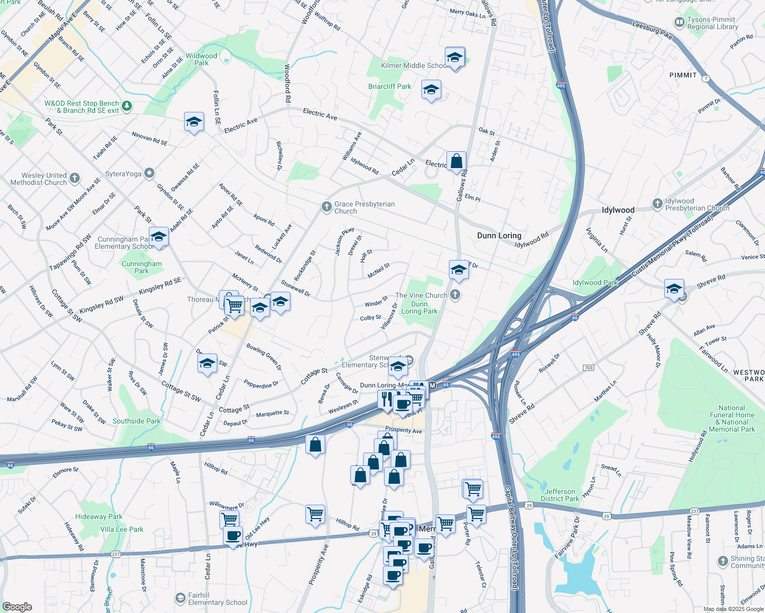 map of restaurants, bars, coffee shops, grocery stores, and more near 8301 Winder Street in Vienna