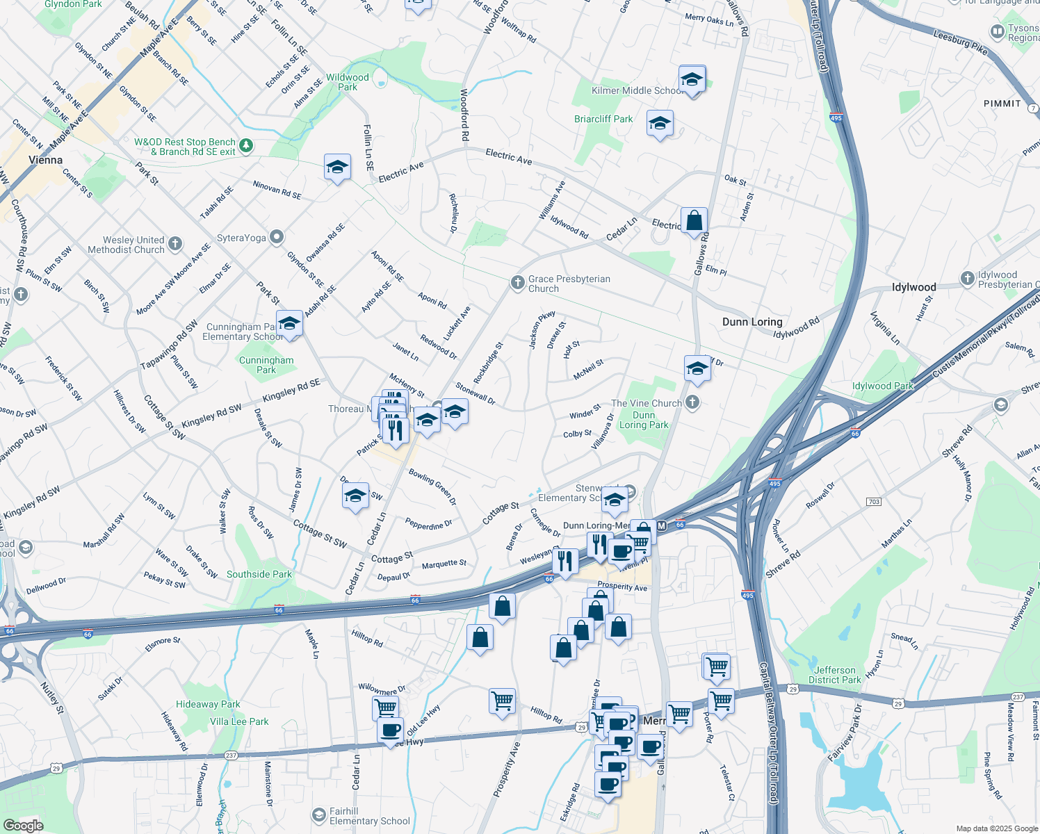 map of restaurants, bars, coffee shops, grocery stores, and more near 8401 Stonewall Drive in Vienna