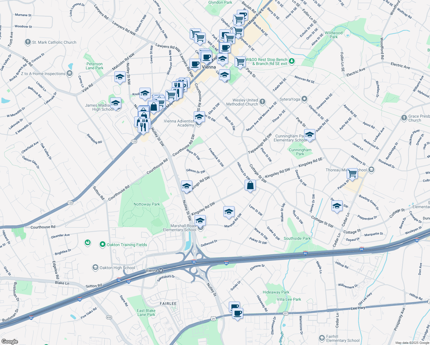 map of restaurants, bars, coffee shops, grocery stores, and more near 511 Tapawingo Road Southwest in Vienna