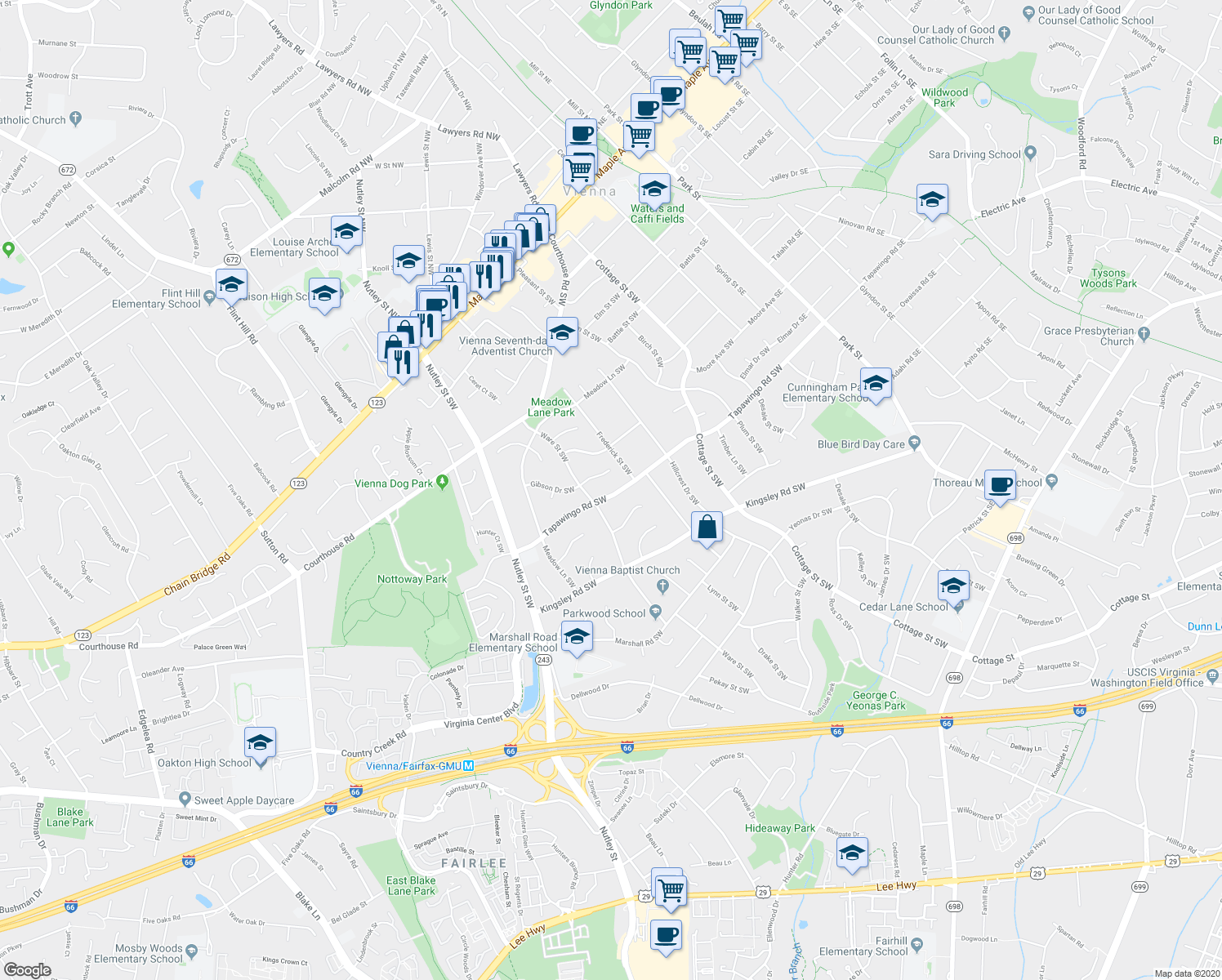 map of restaurants, bars, coffee shops, grocery stores, and more near 509 Tapawingo Road Southwest in Vienna