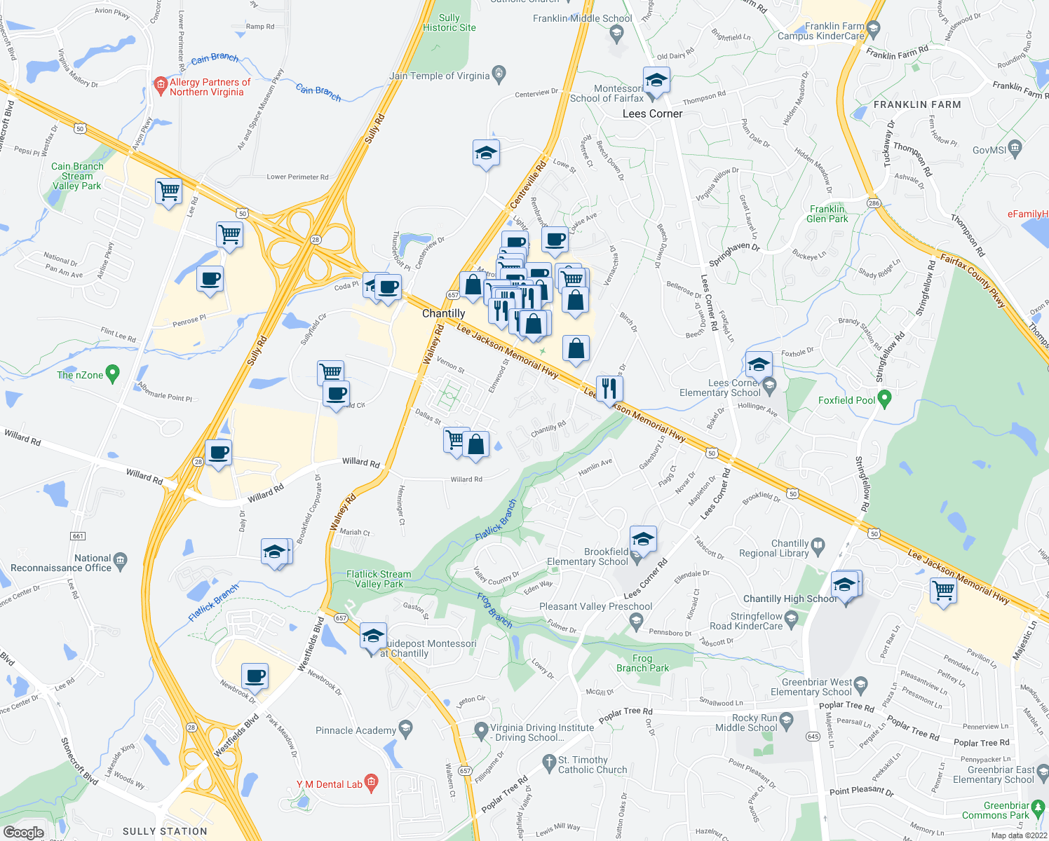 map of restaurants, bars, coffee shops, grocery stores, and more near 4073 Weeping Willow Court in Chantilly