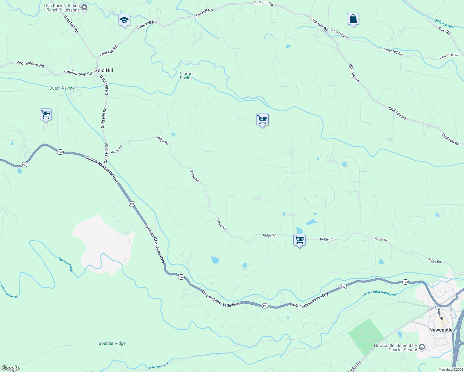map of restaurants, bars, coffee shops, grocery stores, and more near 7605 Ridge Road in Newcastle