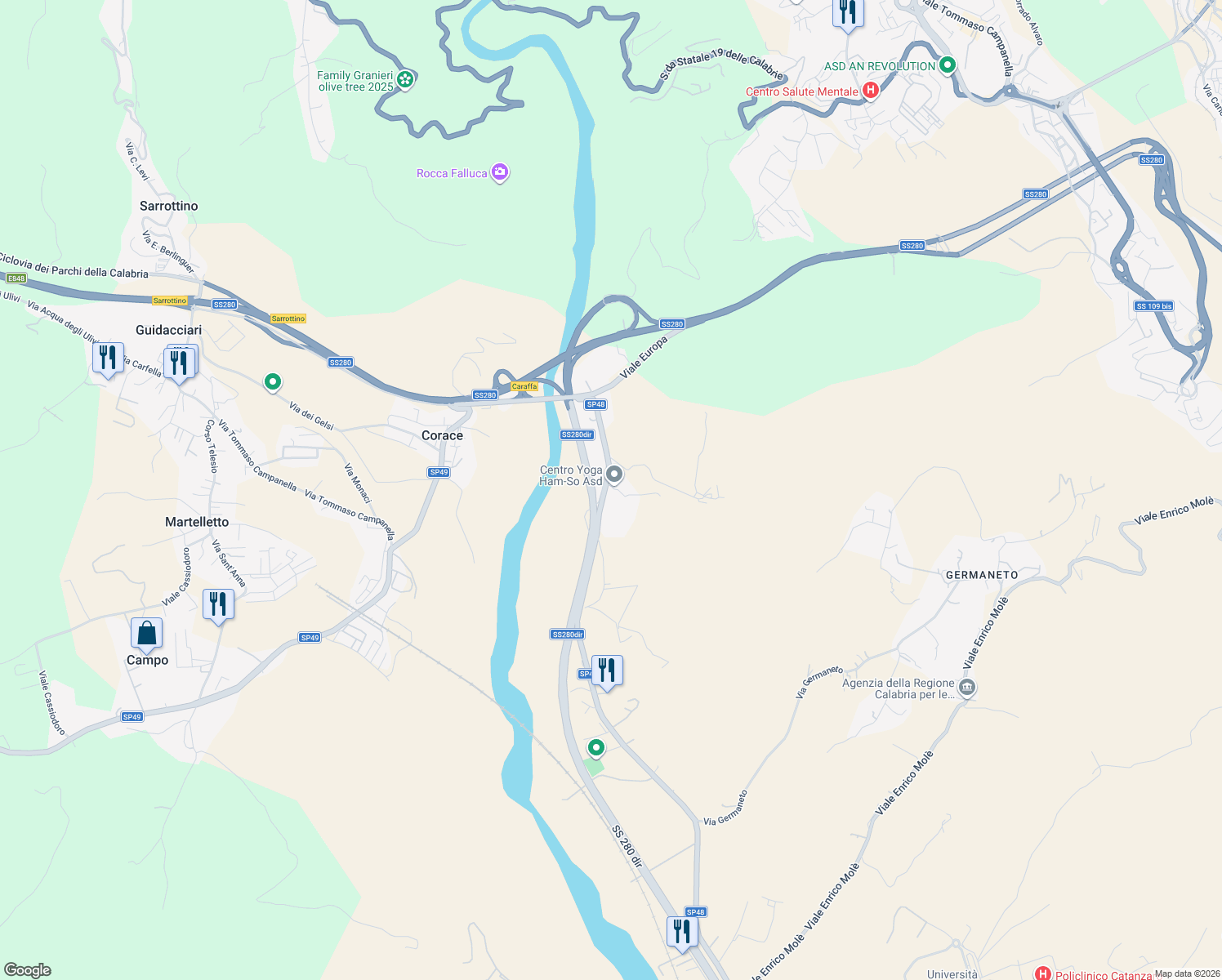 map of restaurants, bars, coffee shops, grocery stores, and more near 78 Viale Europa in Provincia di Catanzaro