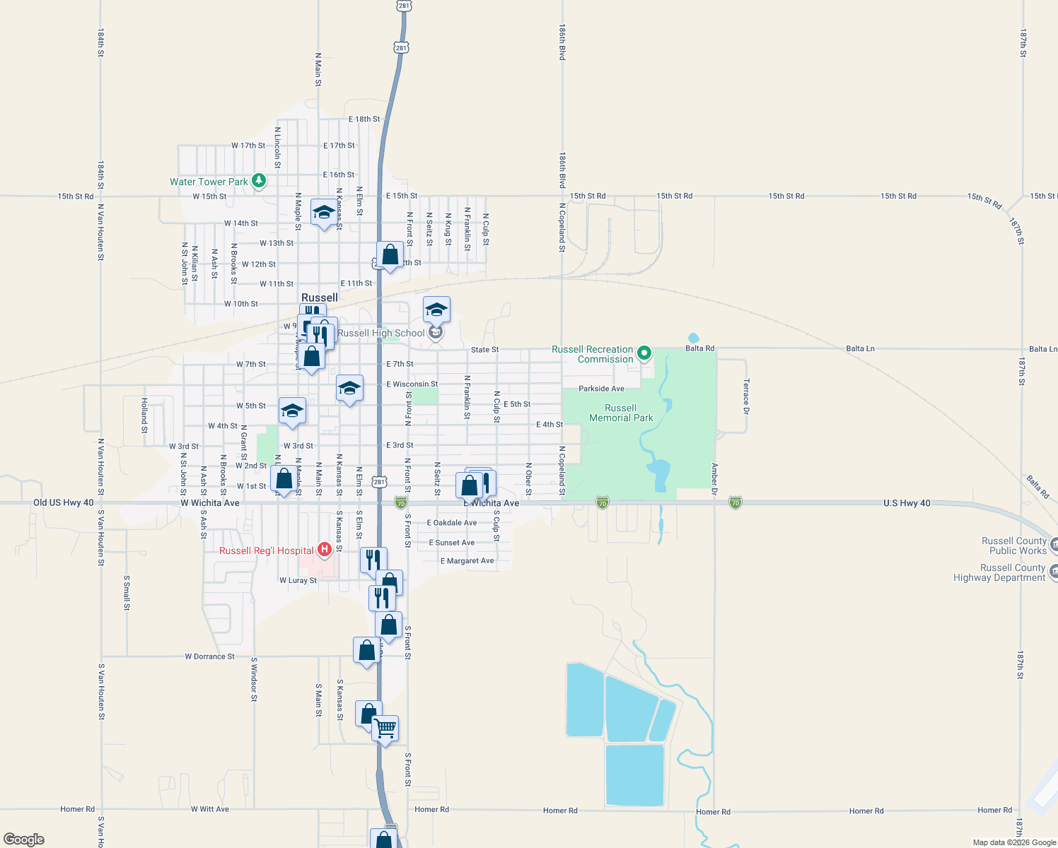 map of restaurants, bars, coffee shops, grocery stores, and more near 898 E 4th St in Russell