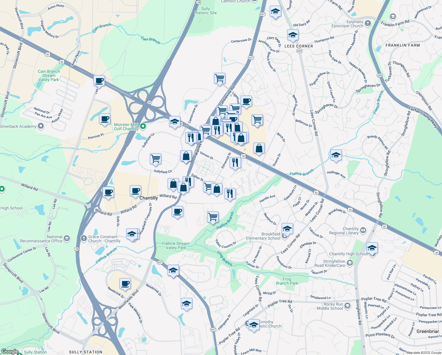 map of restaurants, bars, coffee shops, grocery stores, and more near 13919 Lindendale Lane in Chantilly