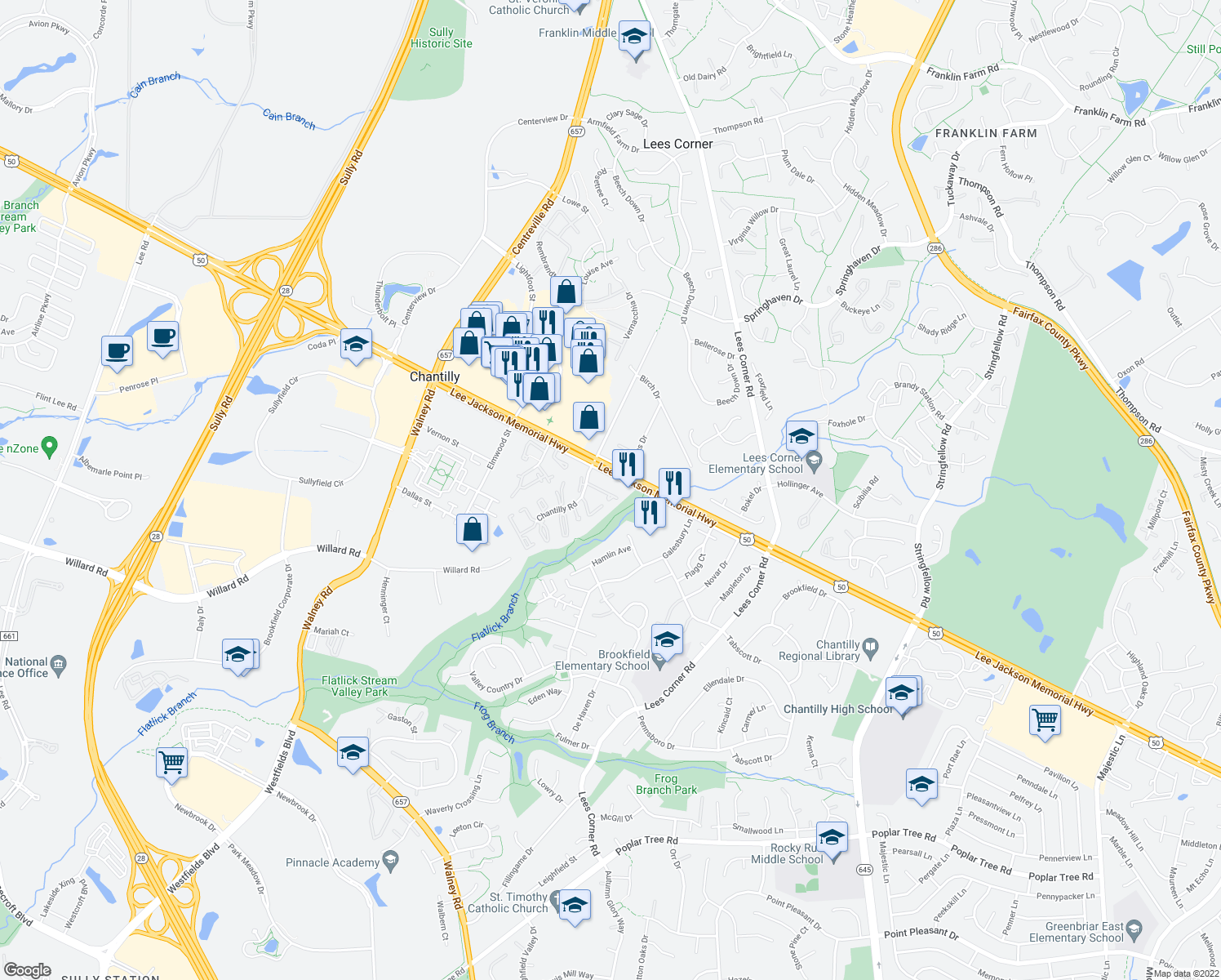 map of restaurants, bars, coffee shops, grocery stores, and more near 13722 Autumn Vale Court in Chantilly