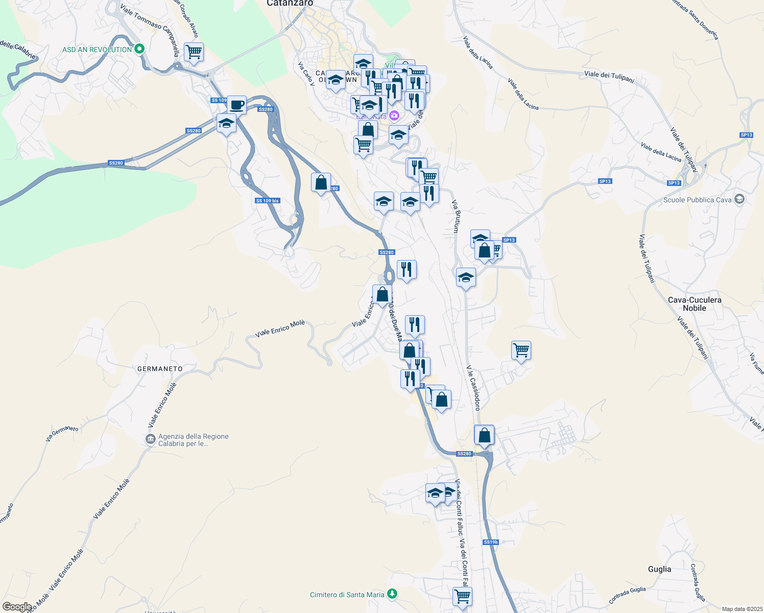 map of restaurants, bars, coffee shops, grocery stores, and more near Via Monsignor Armando Fares in Catanzaro